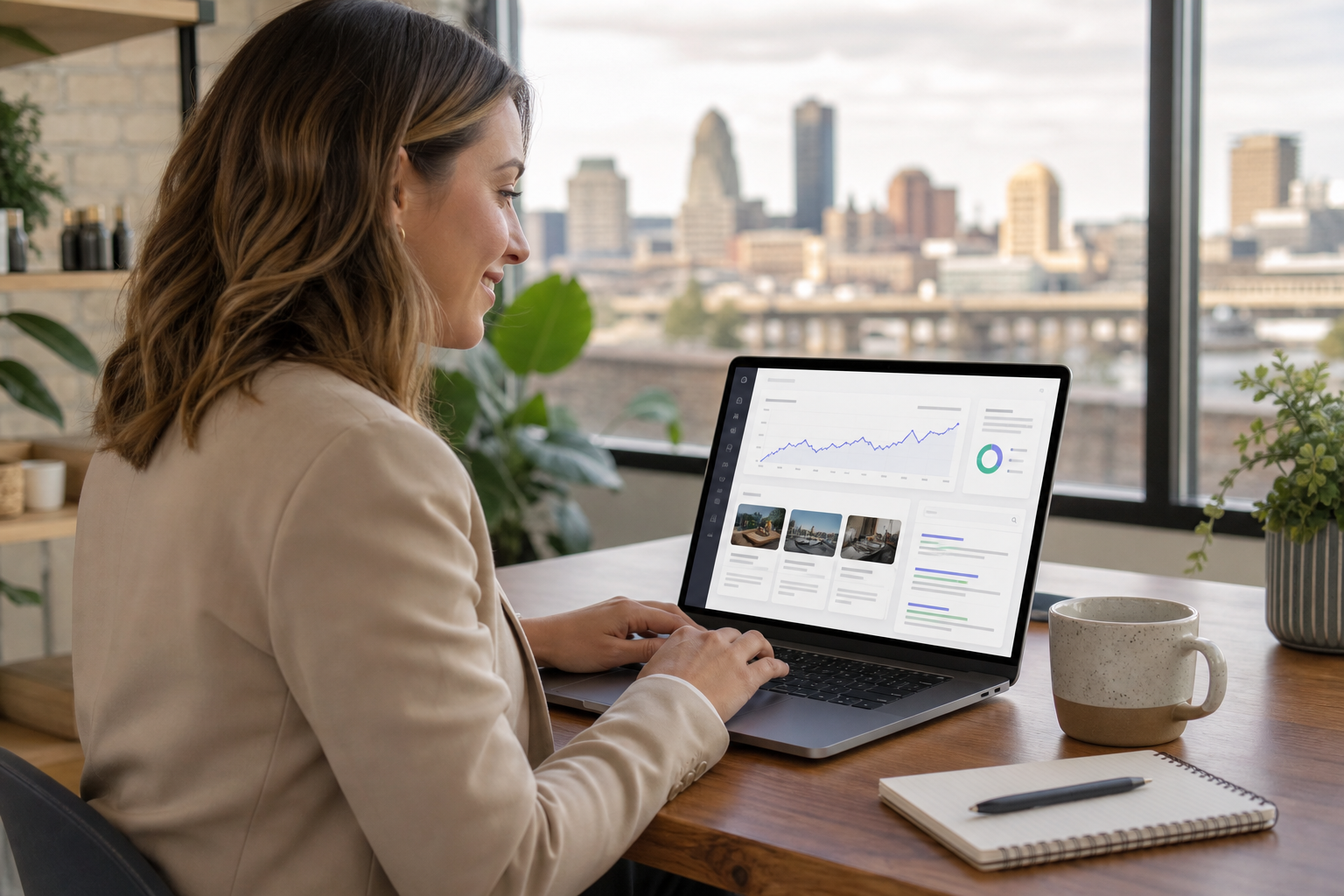 Small business owner reviewing blog content and organic traffic analytics on a laptop.