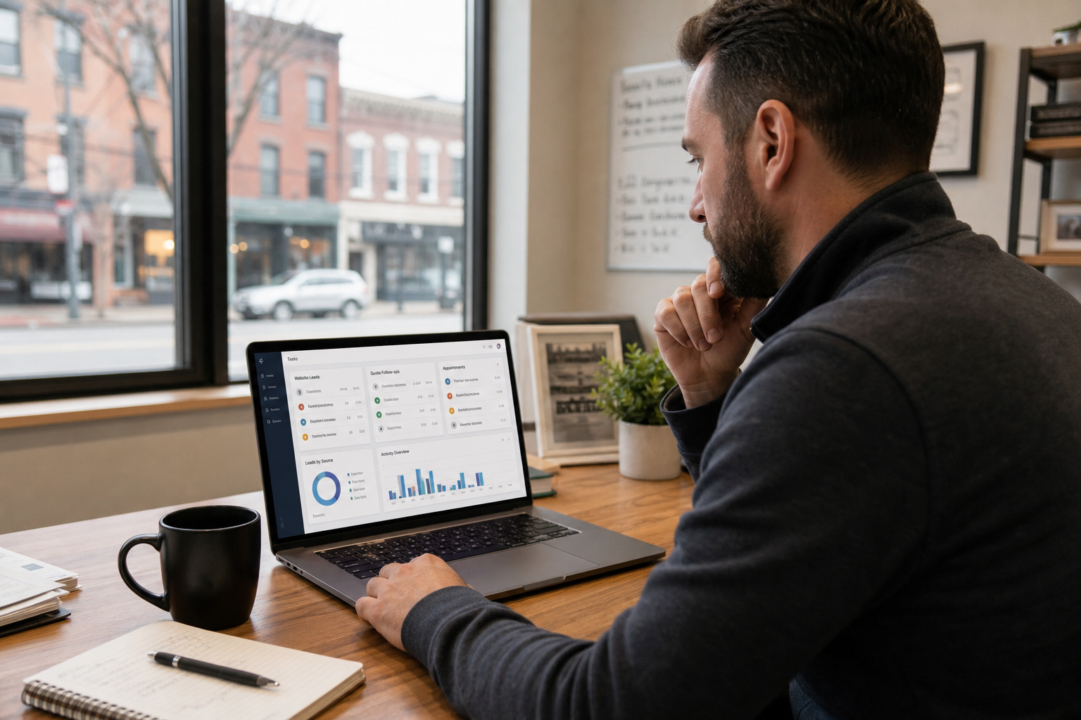 Buffalo small business owner reviewing automated lead follow-up and task workflows on a laptop.