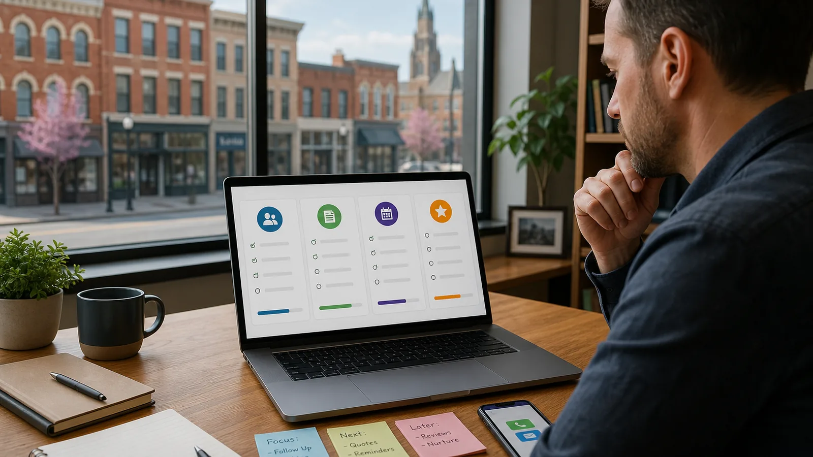 A Western New York small business owner reviewing a workflow scoring checklist on a laptop with simple automation dashboard cards.