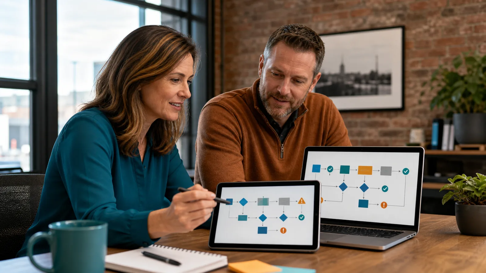 A Buffalo small-business owner and workflow consultant review an automation process map on a laptop and tablet.