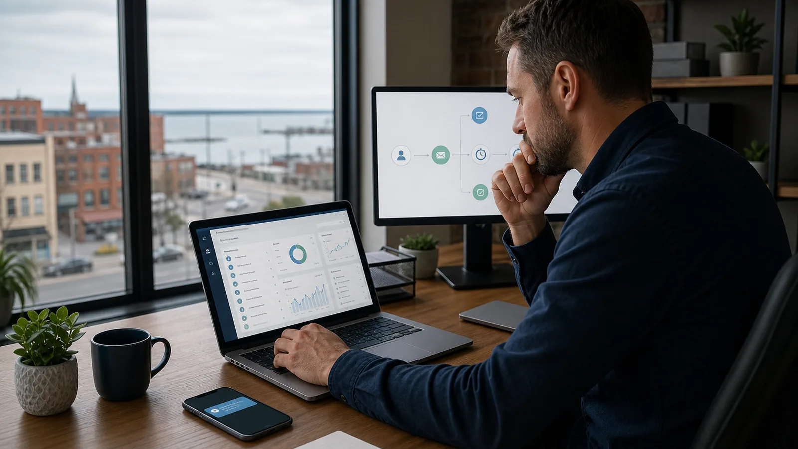A Western New York small business owner reviewing website leads and missed call follow-up tasks on a laptop.