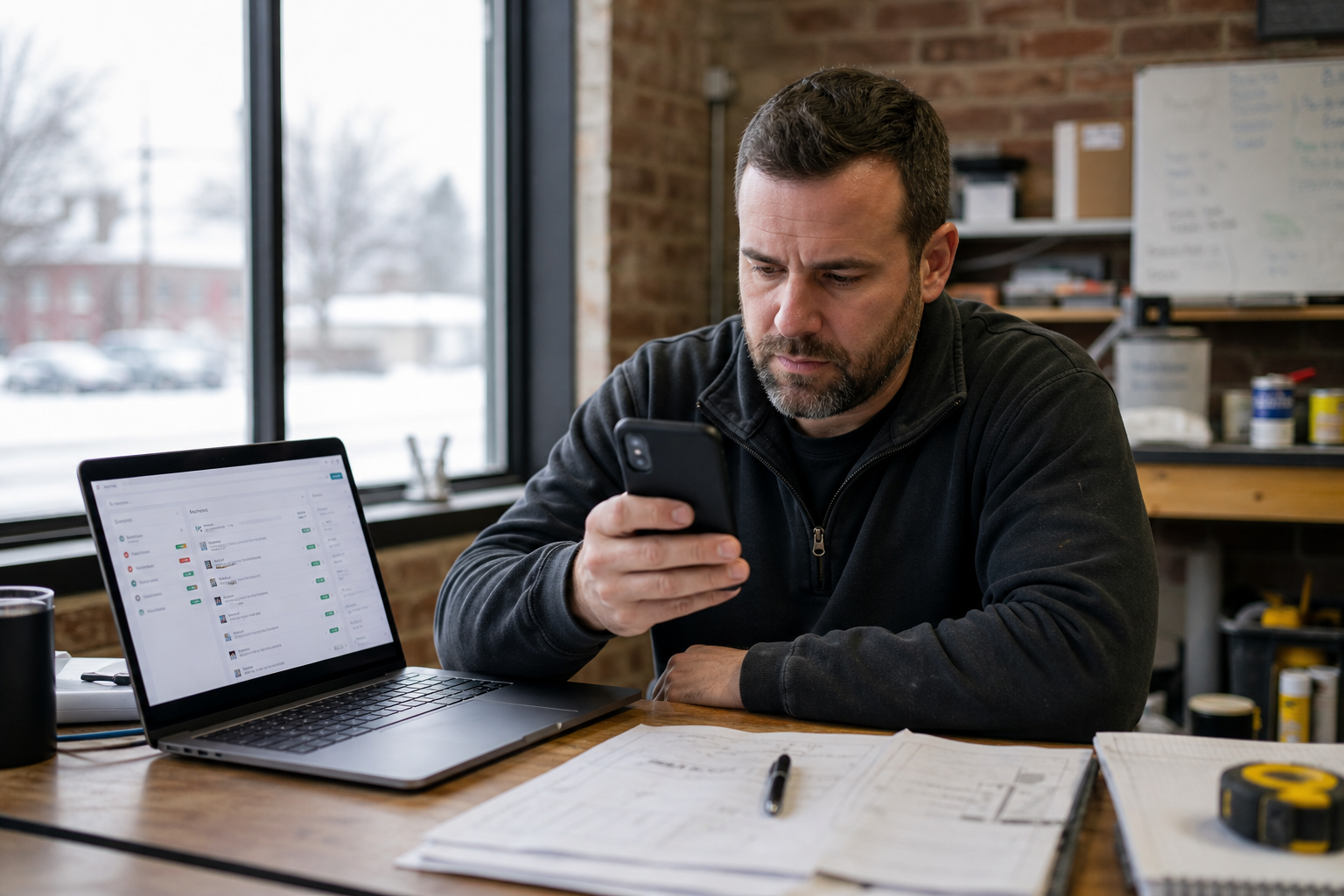 A Western New York small business owner checks a phone beside a laptop showing organized lead follow-up activity in a workshop office.