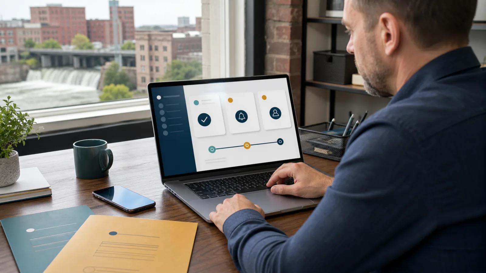A Western New York small-business owner reviews open estimate follow-up stages on a laptop.