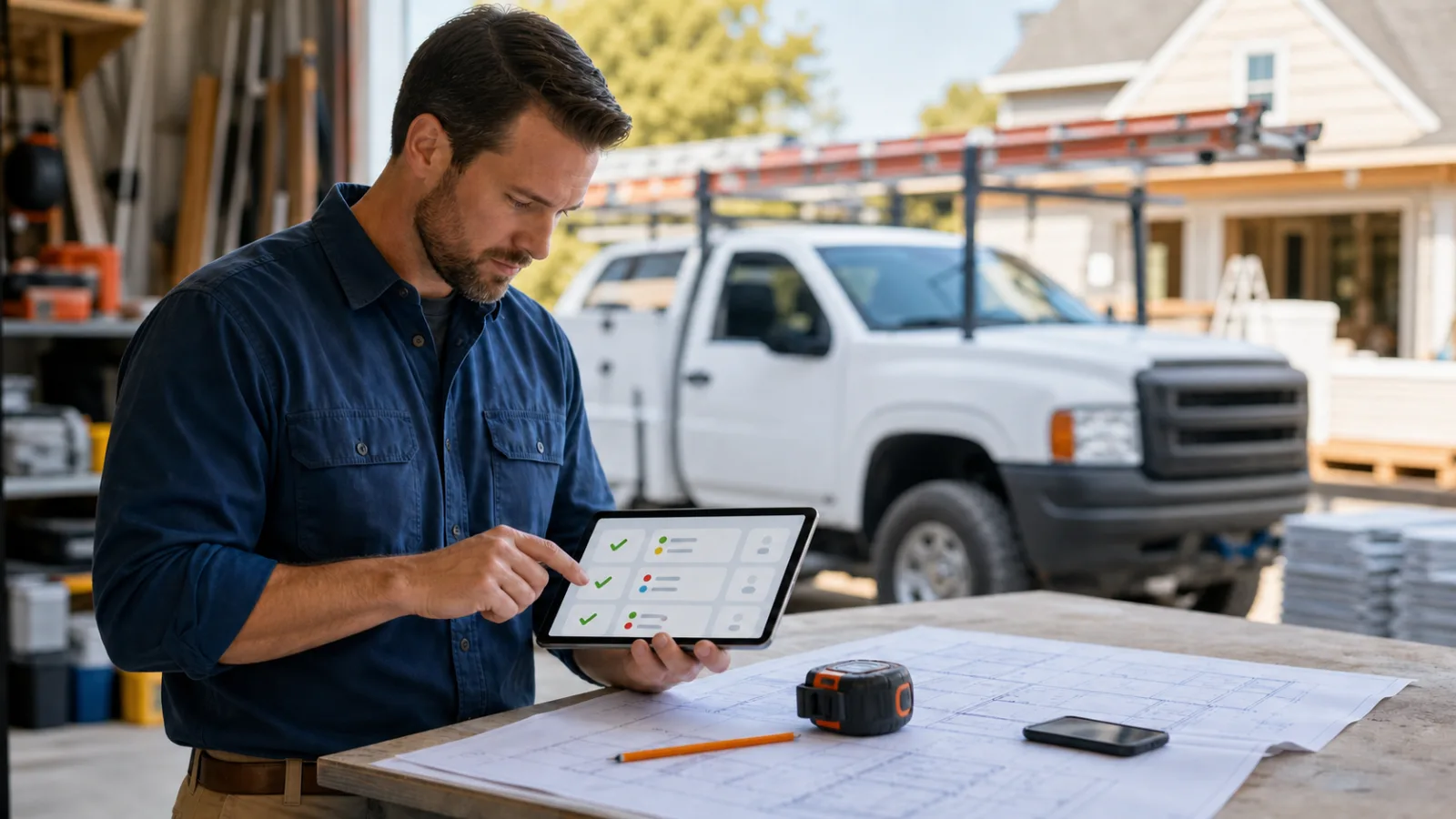 A Buffalo-area contractor reviews quote follow-up tasks on a tablet beside blueprints and an unbranded work truck.