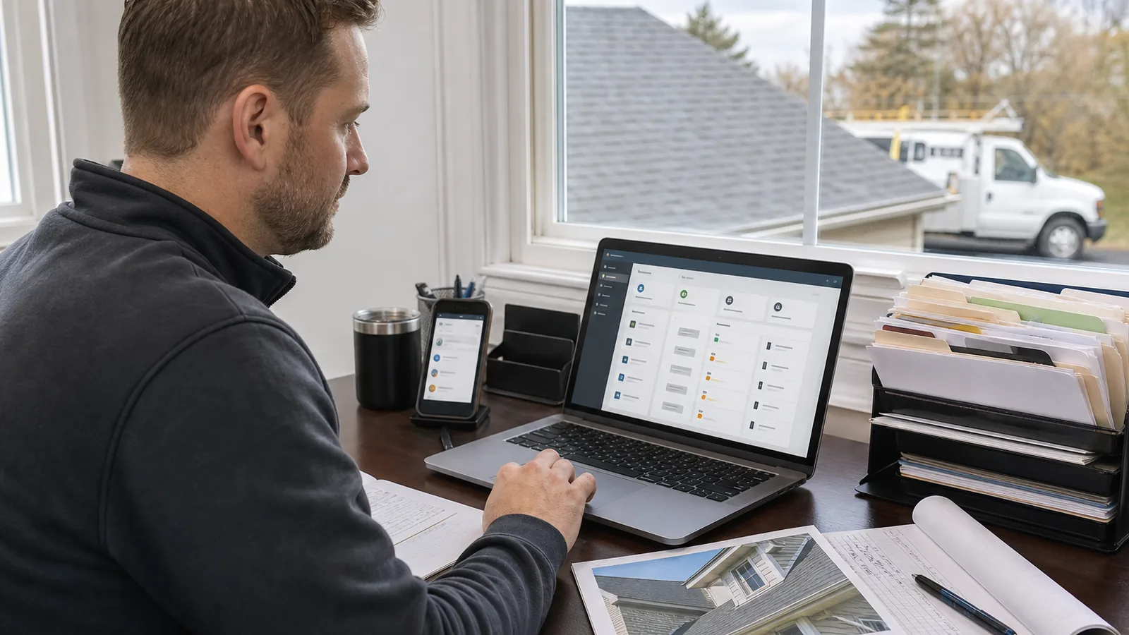 Roofing business owner reviewing estimate follow-up tasks and lead messages on a laptop in a Western New York office.