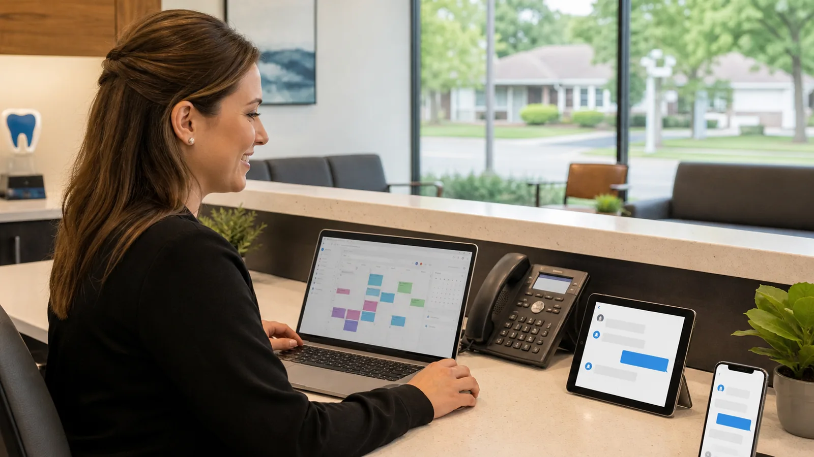 Dental office receptionist reviewing automated intake and appointment reminders at a front desk in Western New York.