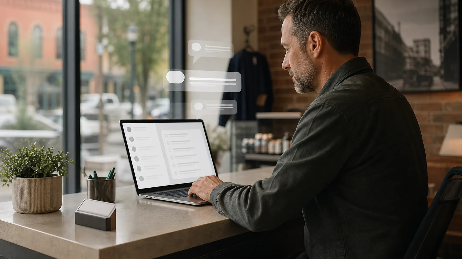Small business owner reviewing website customer questions on a laptop with a simple chatbot-style interface.