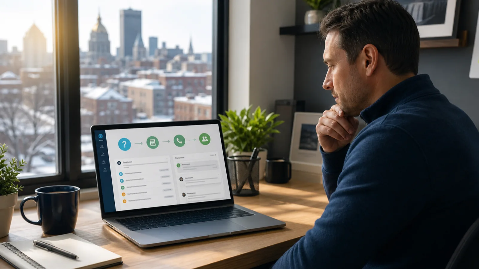 Buffalo small business owner reviewing website FAQ questions and lead capture inquiries on a laptop dashboard.
