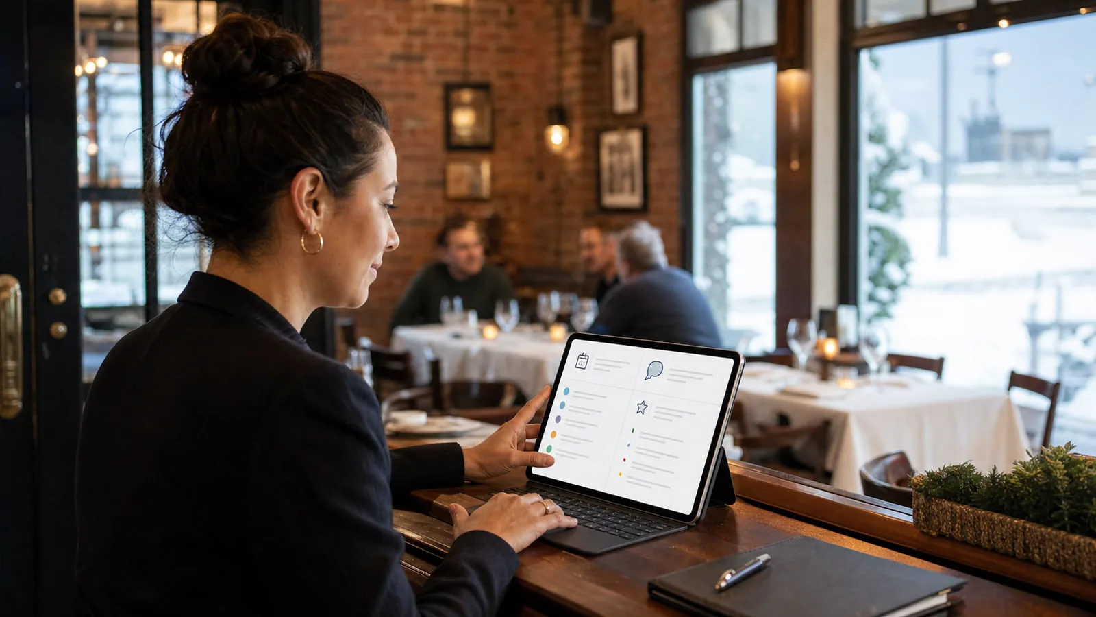 Restaurant manager reviewing catering inquiries and customer follow-up tasks on a tablet in a Western New York dining room.