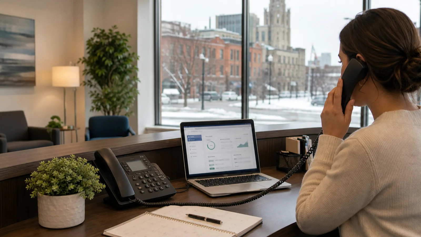 Small business reception desk with phone, laptop dashboard, and appointment calendar representing AI receptionist automation for Western New York businesses.