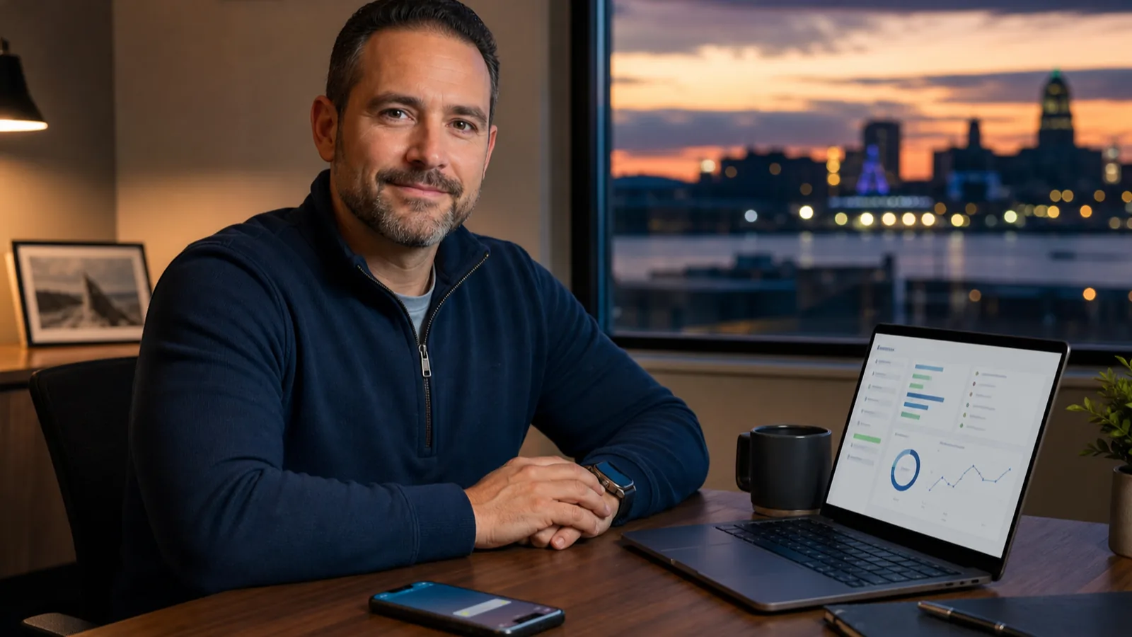 Local business owner reviewing an after-hours lead notification and follow-up dashboard in a Western New York office.