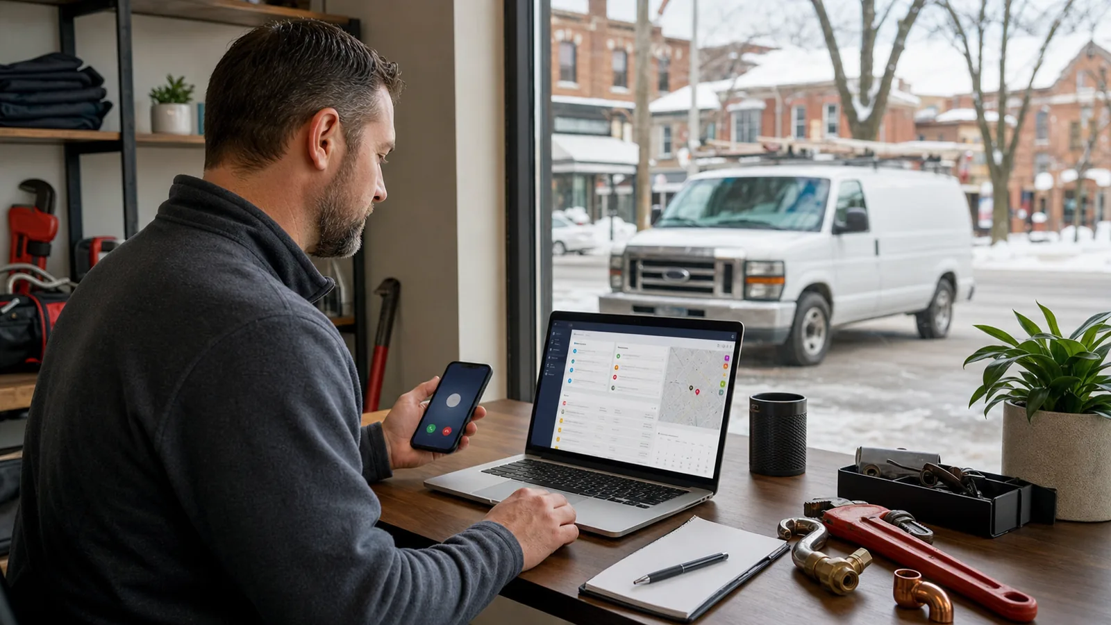 Buffalo plumbing business owner reviewing urgent and routine service requests on a laptop and phone.