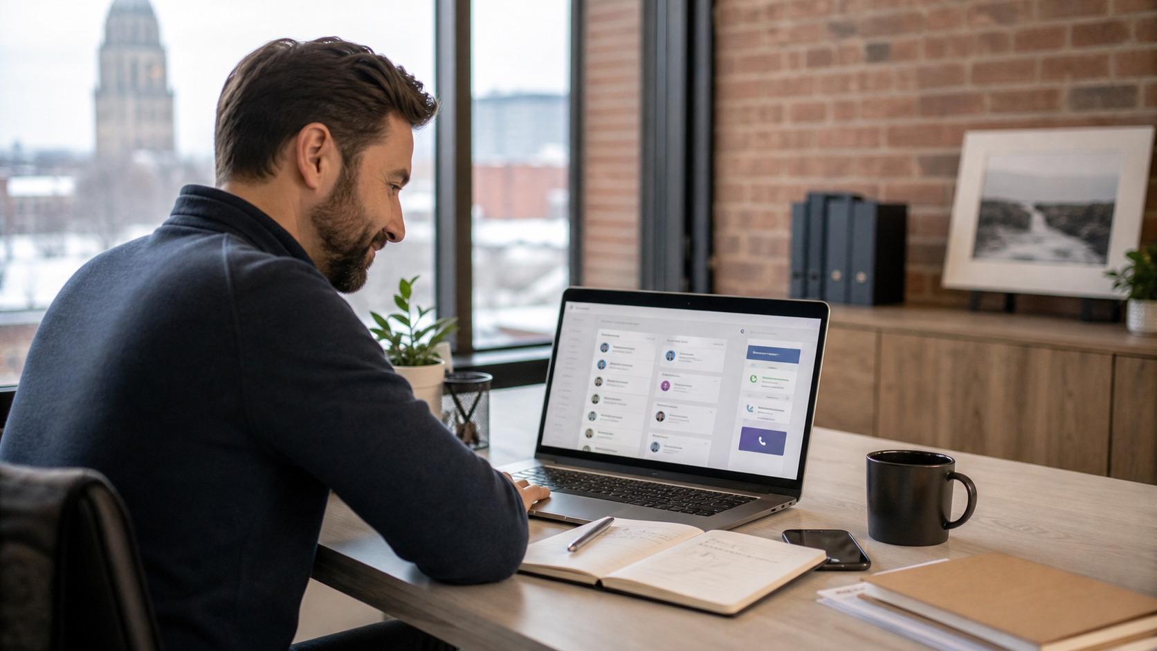 Small business owner reviewing organized CRM leads and follow-up tasks on a laptop.