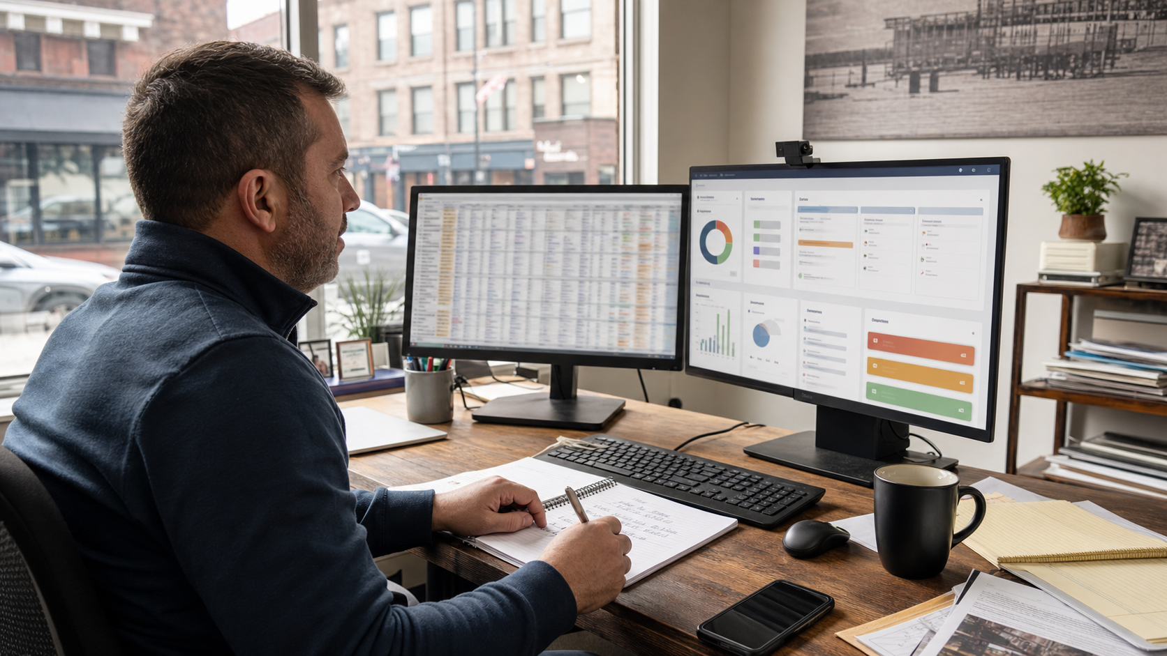 Buffalo small business owner comparing a lead tracking spreadsheet with an organized CRM workflow dashboard.