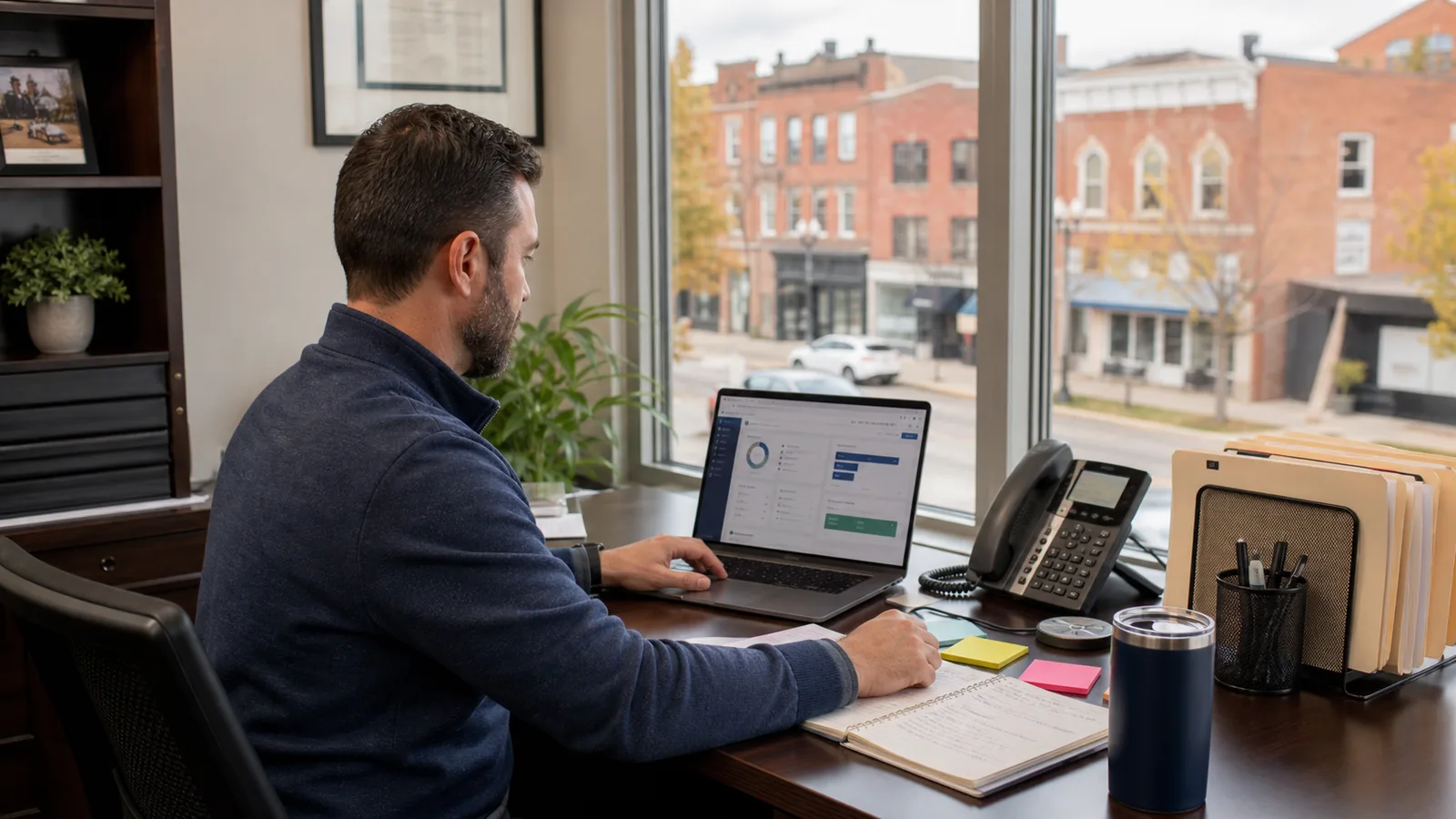 Insurance agency owner reviewing automated quote follow-up and renewal tasks on a laptop in a Western New York office.
