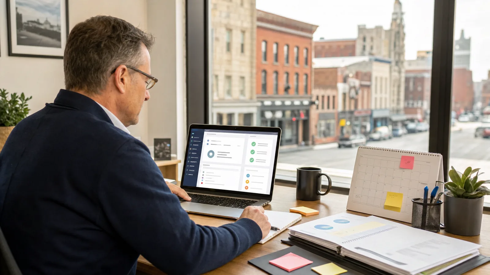 Small business owner reviewing an organized admin task dashboard for workflow automation in Western New York.