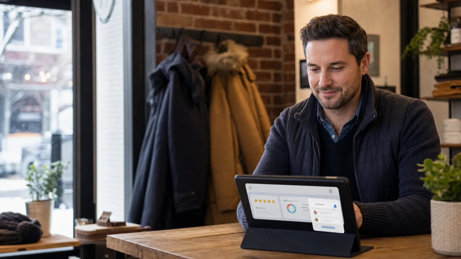 Local small business owner reviewing automated customer follow-up and review request reminders on a tablet.