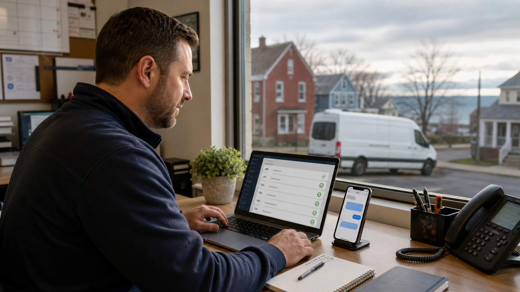 Home service business owner reviewing a completed-job follow-up and customer review request on a laptop.