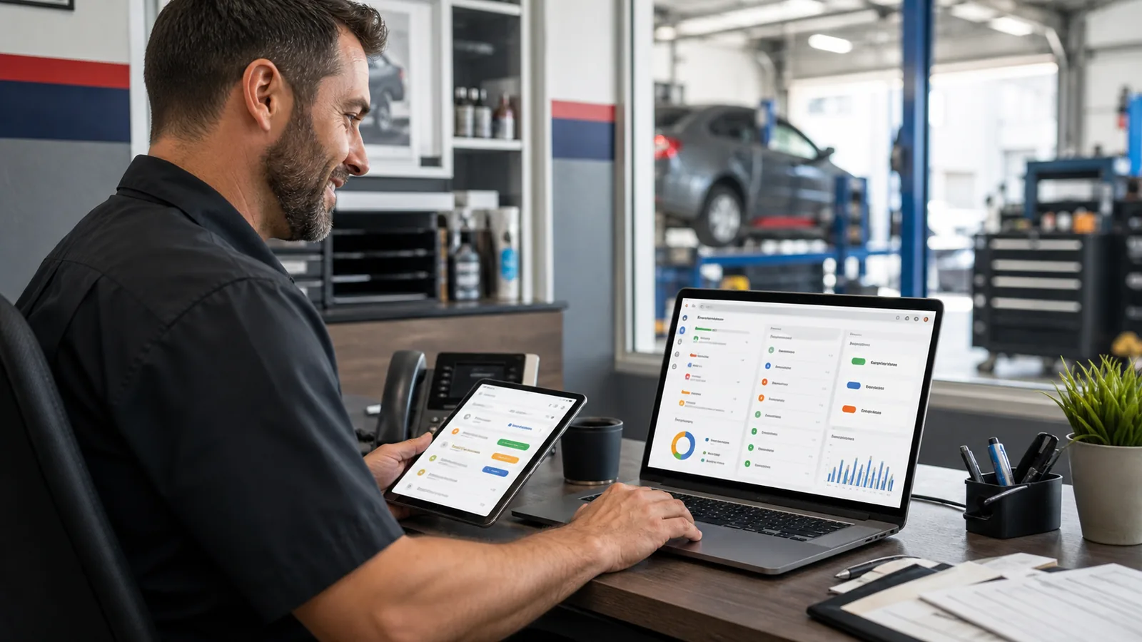 Auto repair shop service advisor reviewing appointment requests and estimate approvals on a tablet in a local repair shop office.