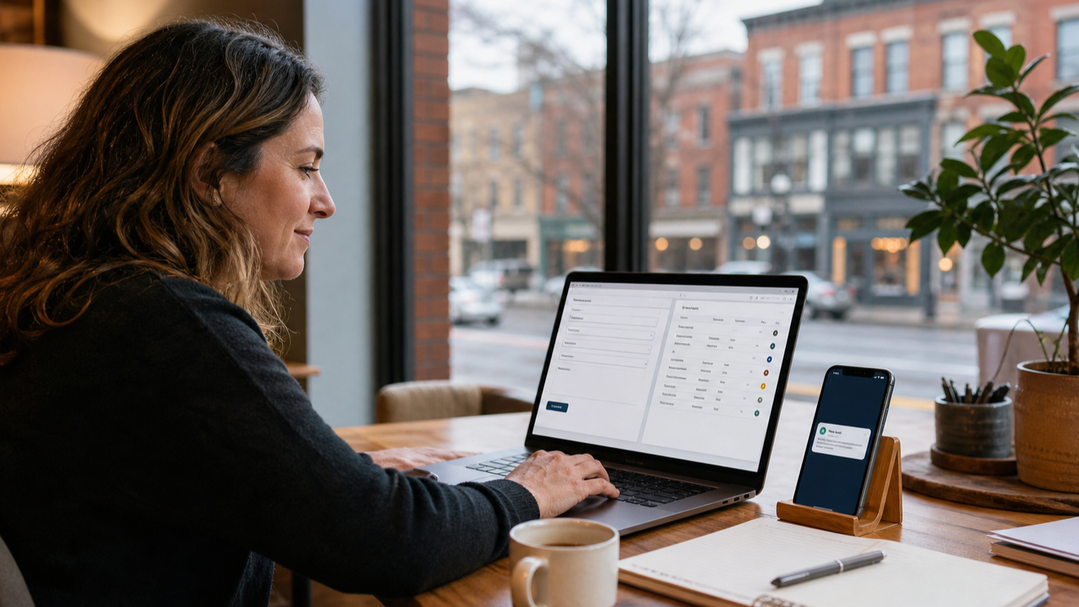 Local business owner reviewing a modern website design and organized lead follow-up workflow on a laptop.