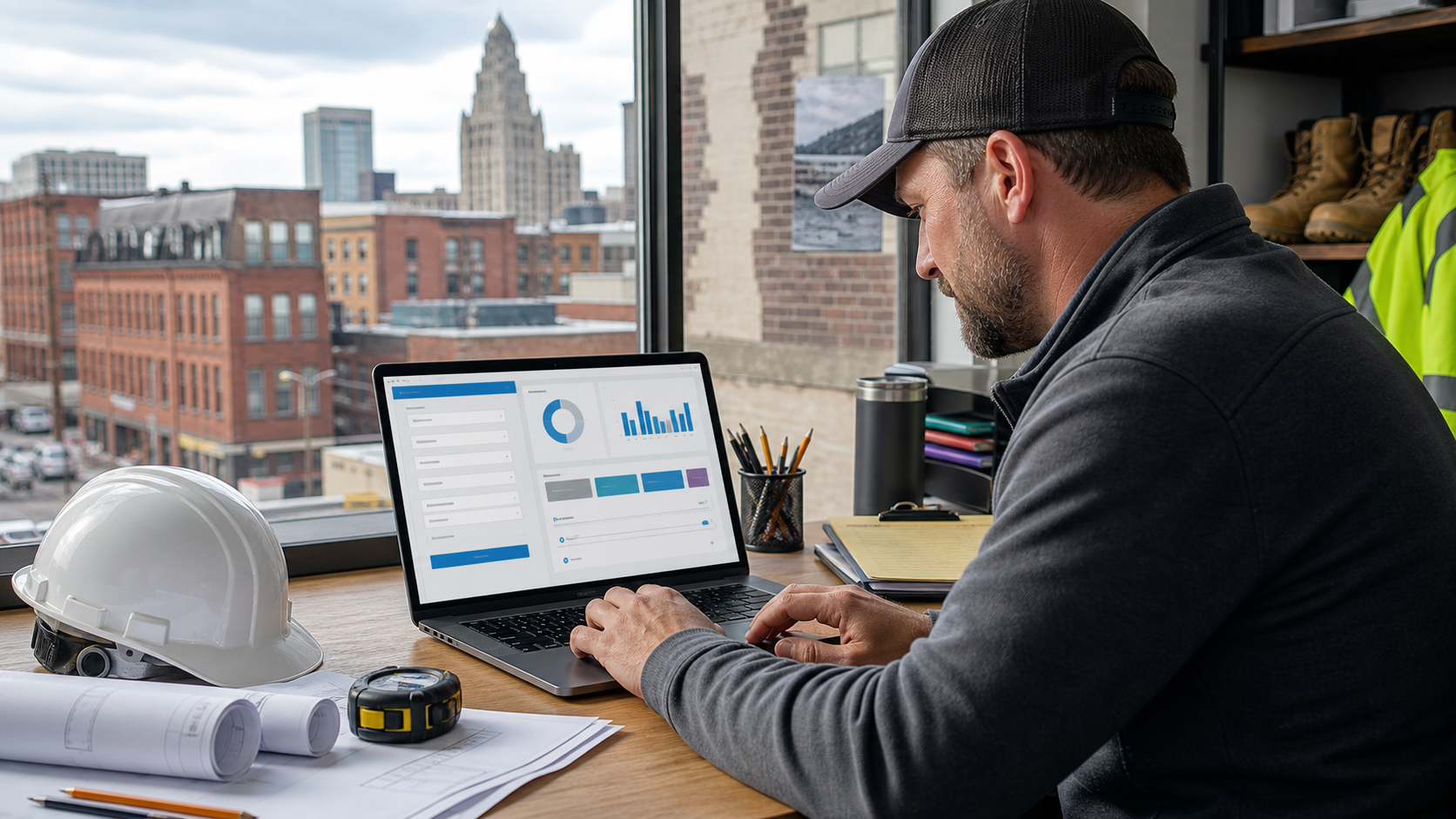 Contractor reviewing a website estimate request with organized project details and follow-up tasks on a laptop.