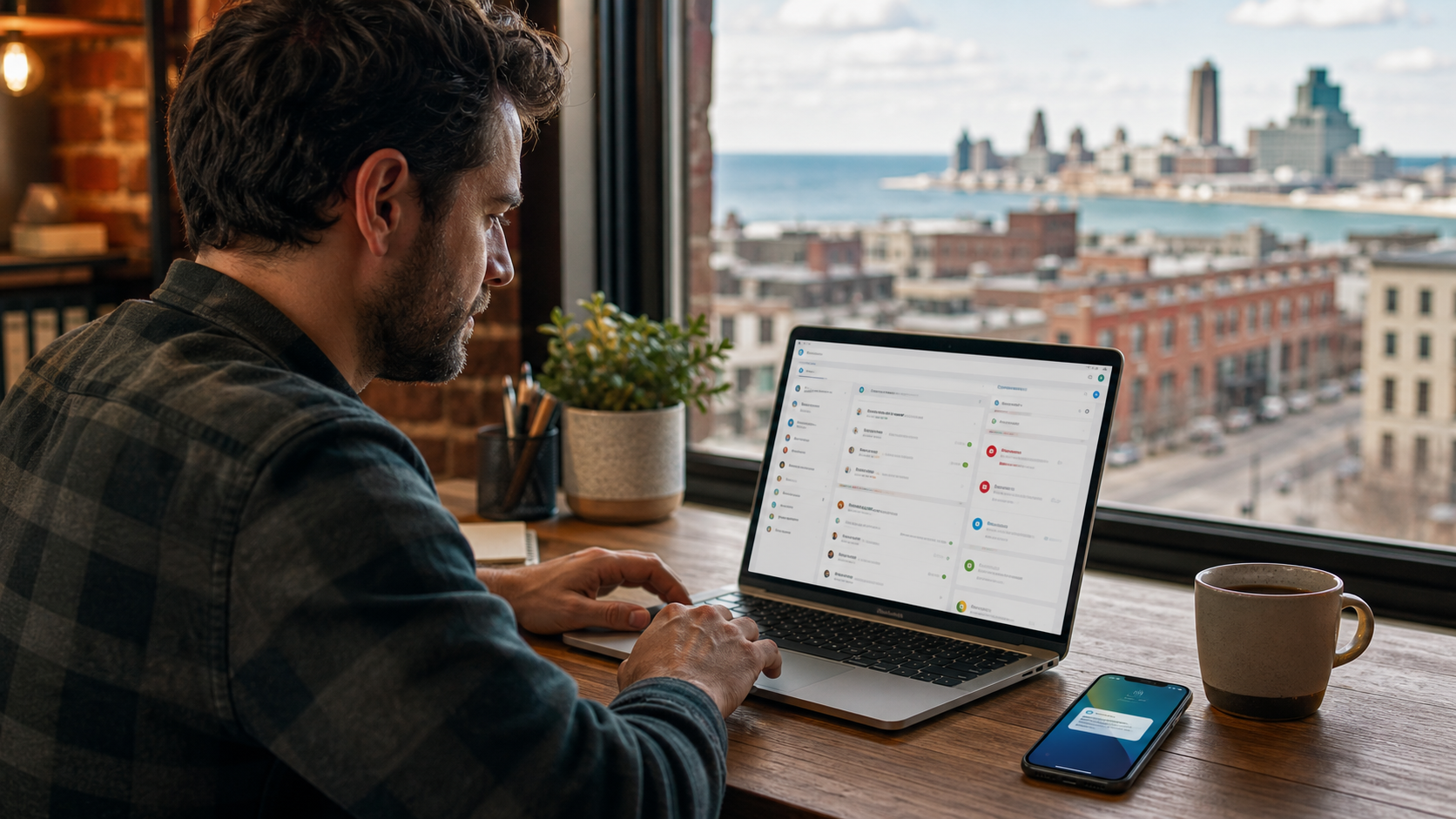 Buffalo small business owner reviewing website leads and automated follow-up notifications on a laptop and phone.
