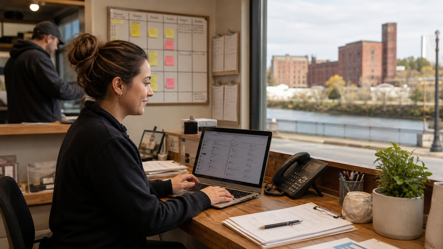 Small business team member reviewing lead follow-up, booking reminders, and customer tasks for a Niagara County workflow automation system.