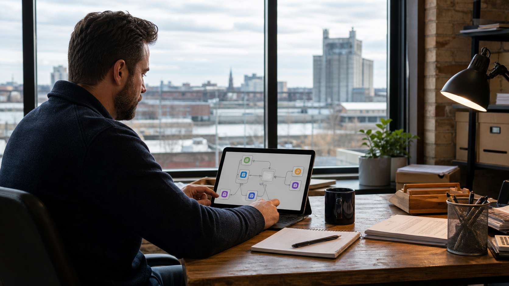 Small business owner reviewing an automation workflow map on a laptop in a Western New York office.