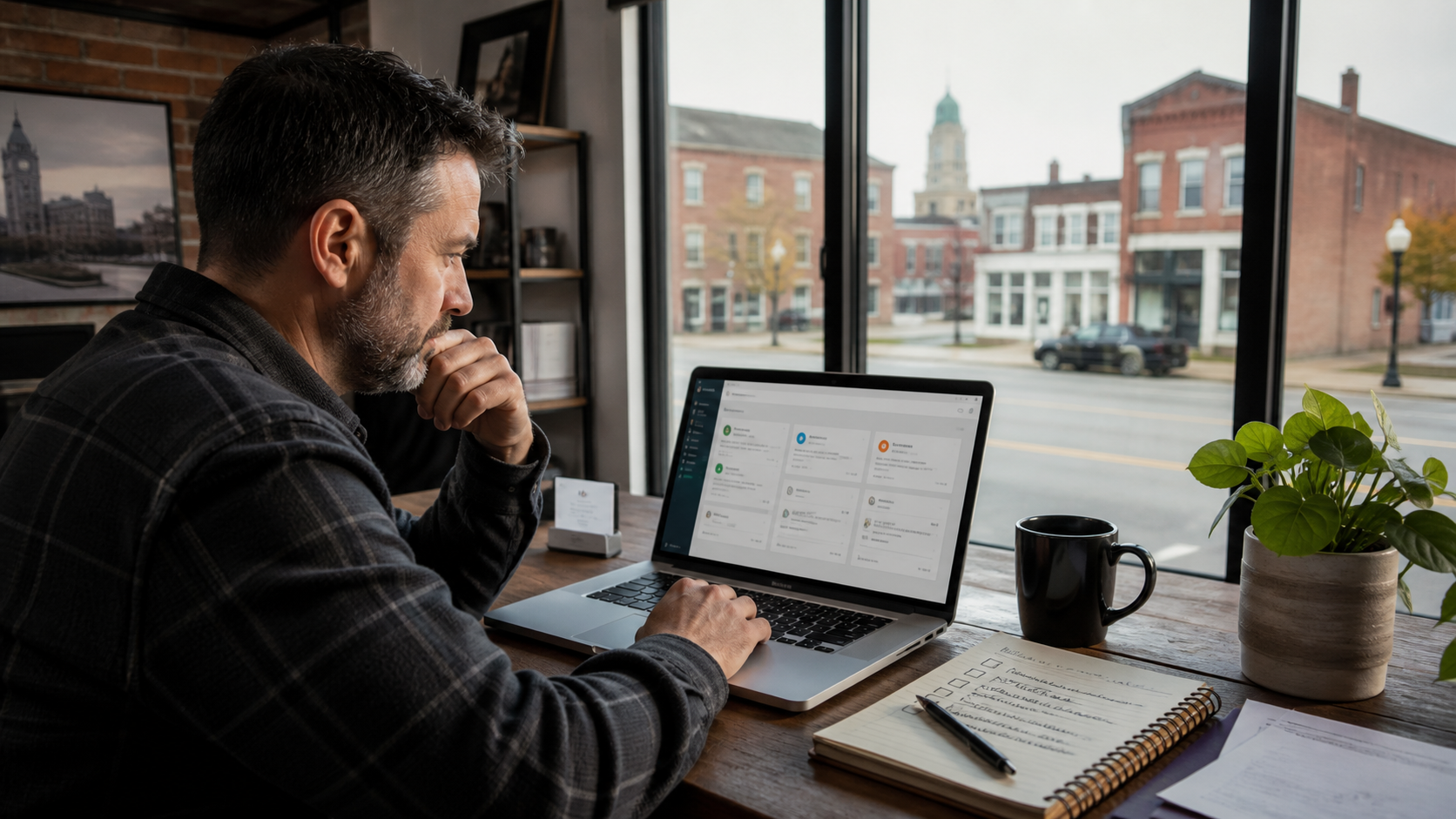 Buffalo small business owner reviewing practical AI workflow ideas on a laptop in a local office.