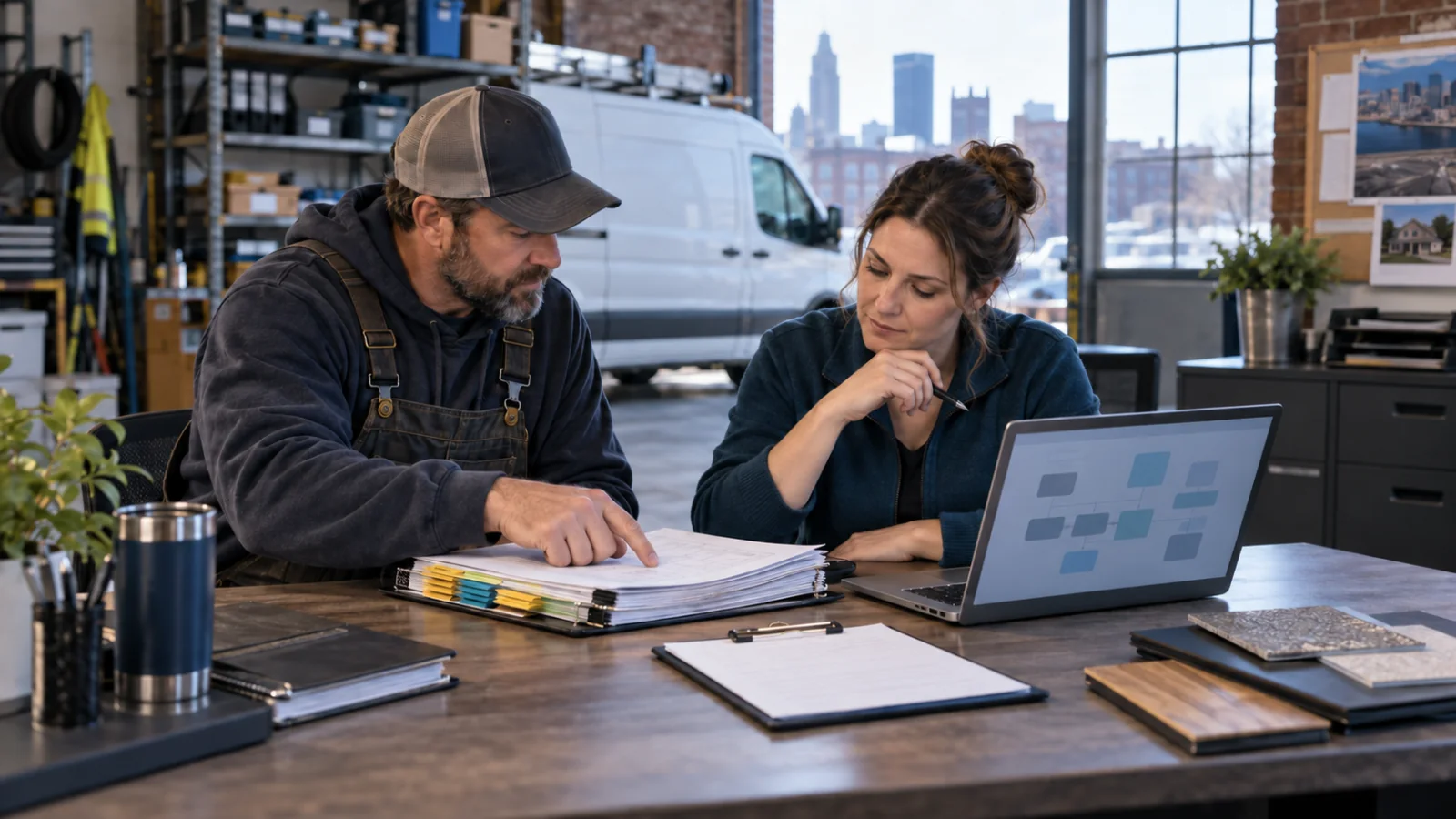 Buffalo-area contractor field supervisor and office operations manager reviewing a sold-job back-office workflow at a desk.